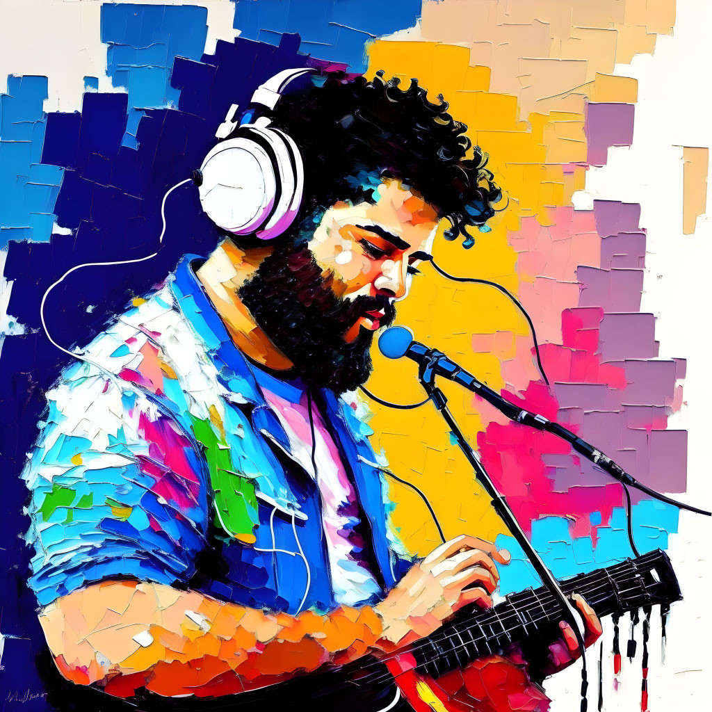 Vibrant abstract painting: Bearded man with headphones, guitar, and microphone