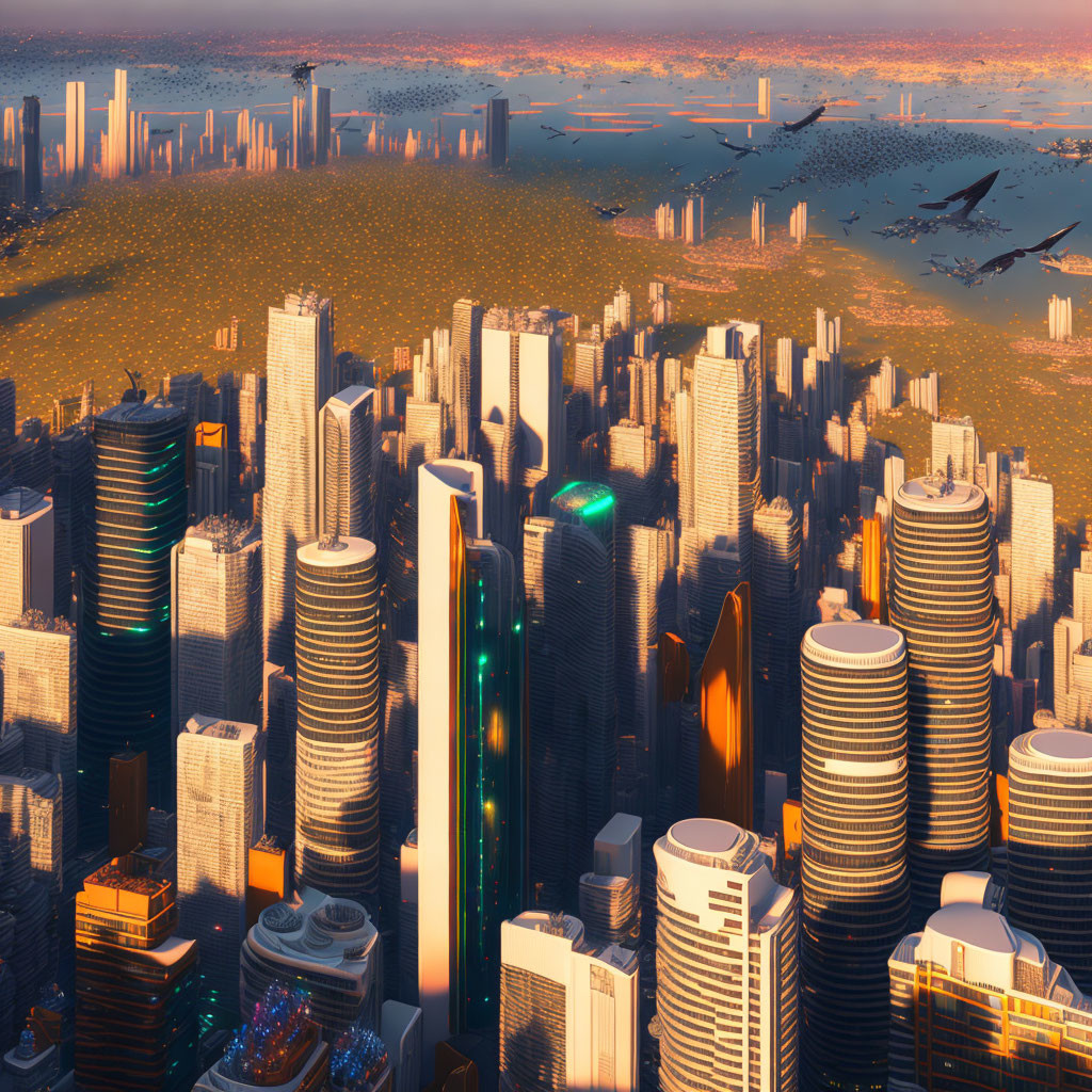 Futuristic cityscape at sunset with high-rises, glowing lights, and flying vehicles