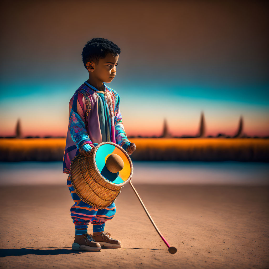 Child in traditional attire plays colorful drum at dusk