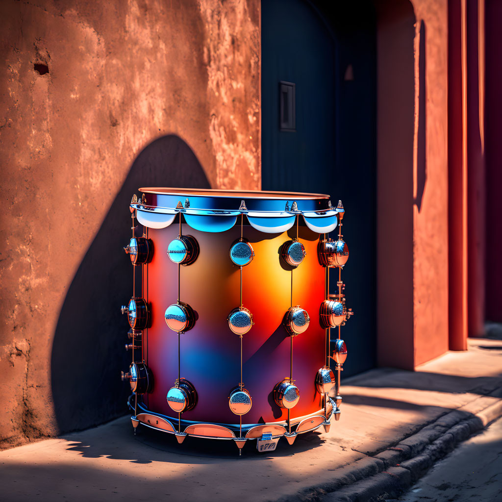 Vibrant snare drum with chrome hardware against rustic orange wall and blue door in warm sunlight