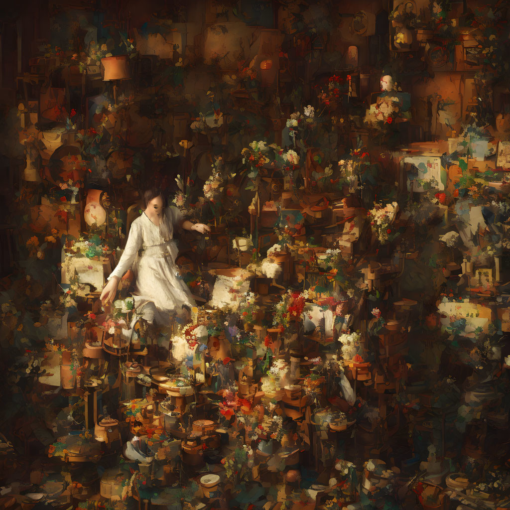 Person in white garment surrounded by potted plants and flowers in cluttered space