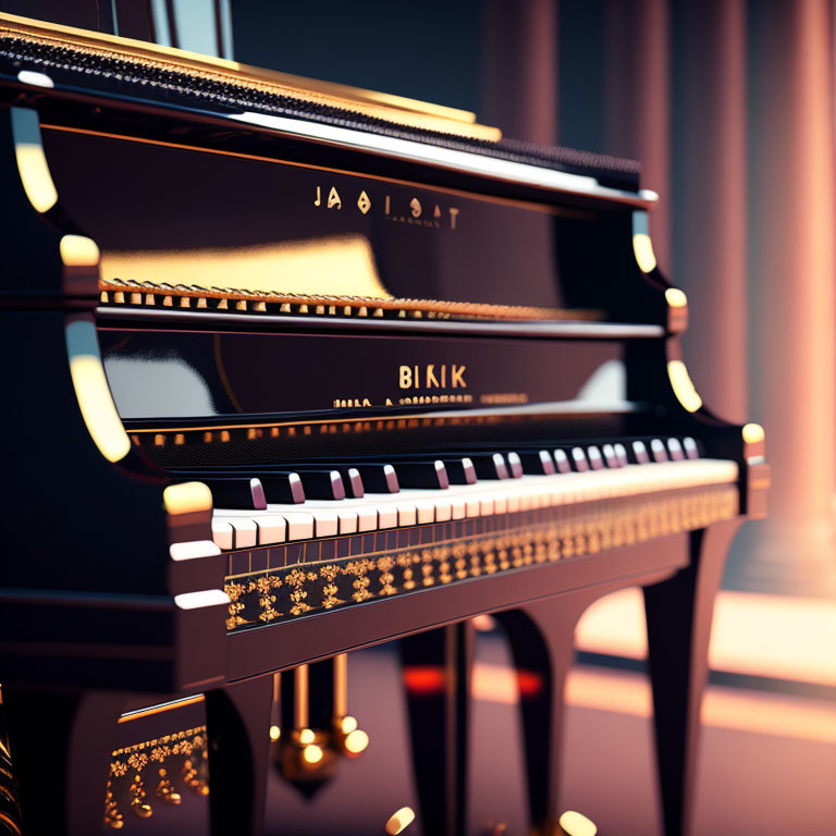 Detailed Close-Up of Ornate Grand Piano Keys and Golden Accents