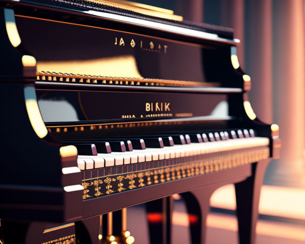 Detailed Close-Up of Ornate Grand Piano Keys and Golden Accents