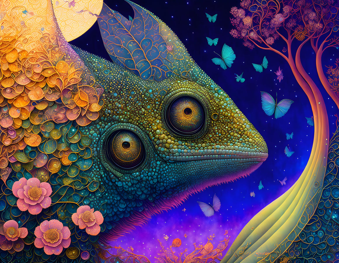 Colorful illustration: Chameleon, butterflies, whimsical tree, and intricate leaf patterns.