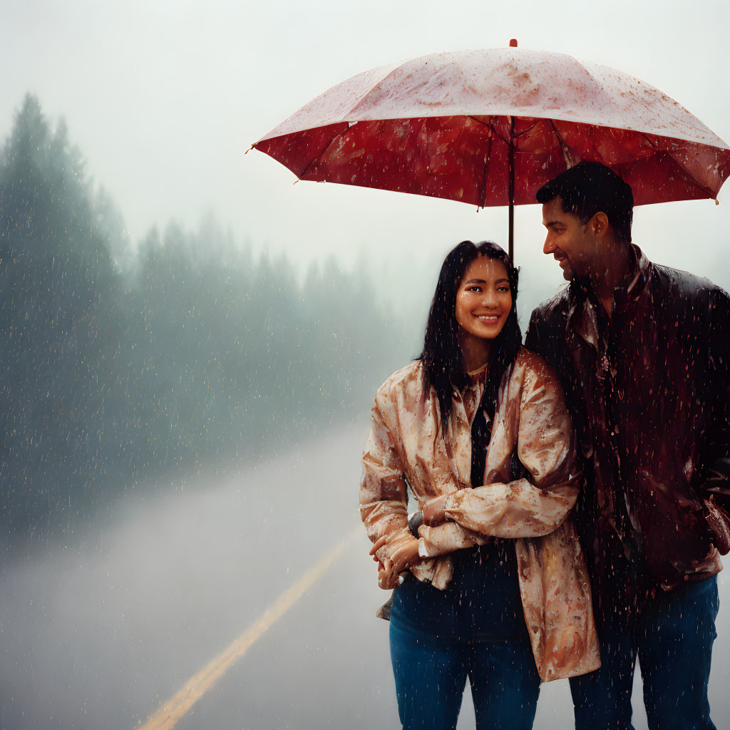 Couple under red umbrella in rainy scene with misty trees