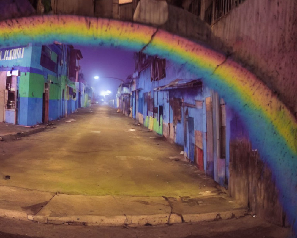 Colorful rainbow mural in urban night scene with deserted street and buildings.