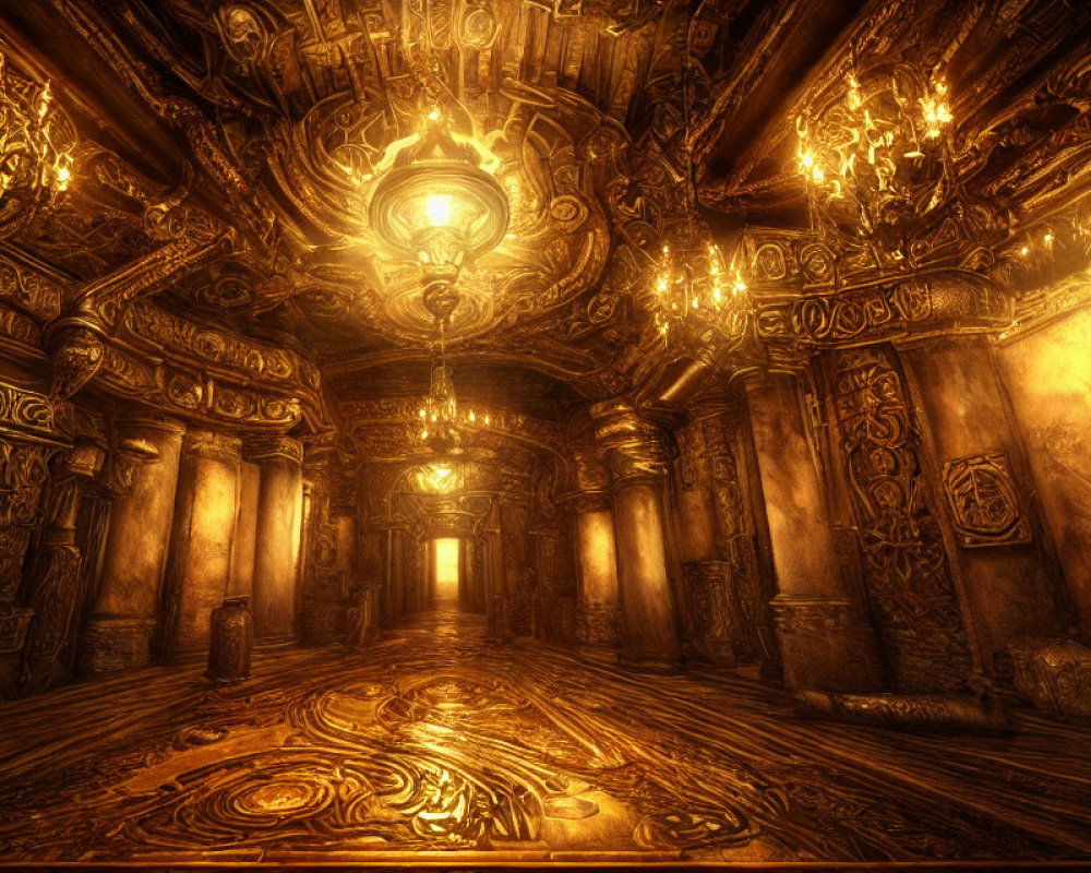 Luxurious Golden Hall with Intricate Carvings and Elaborate Chandeliers