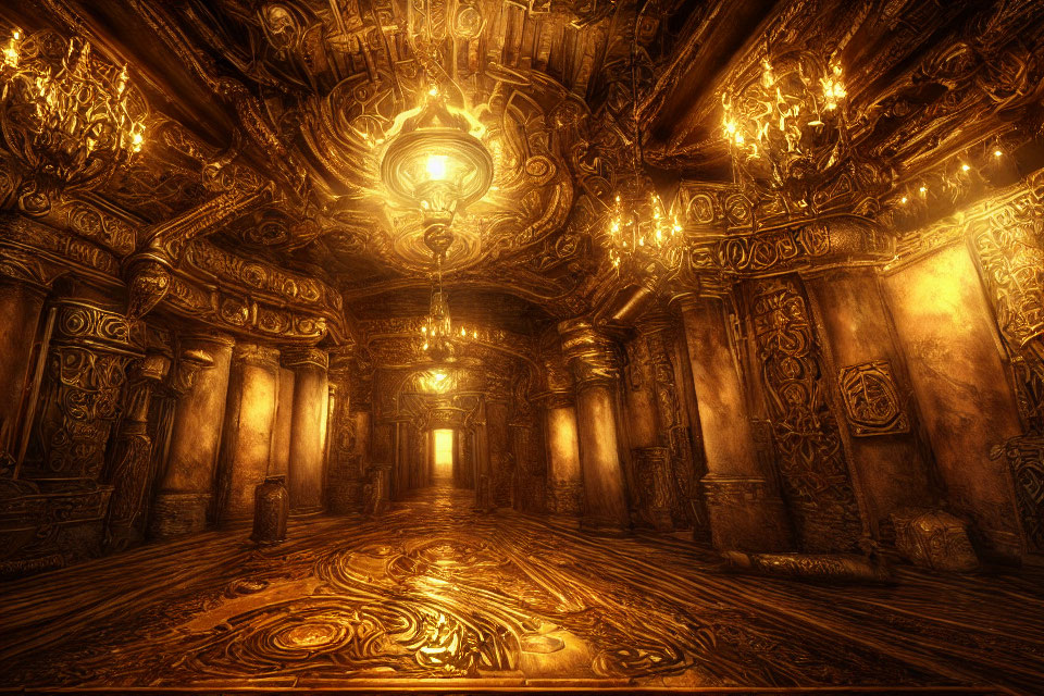 Luxurious Golden Hall with Intricate Carvings and Elaborate Chandeliers