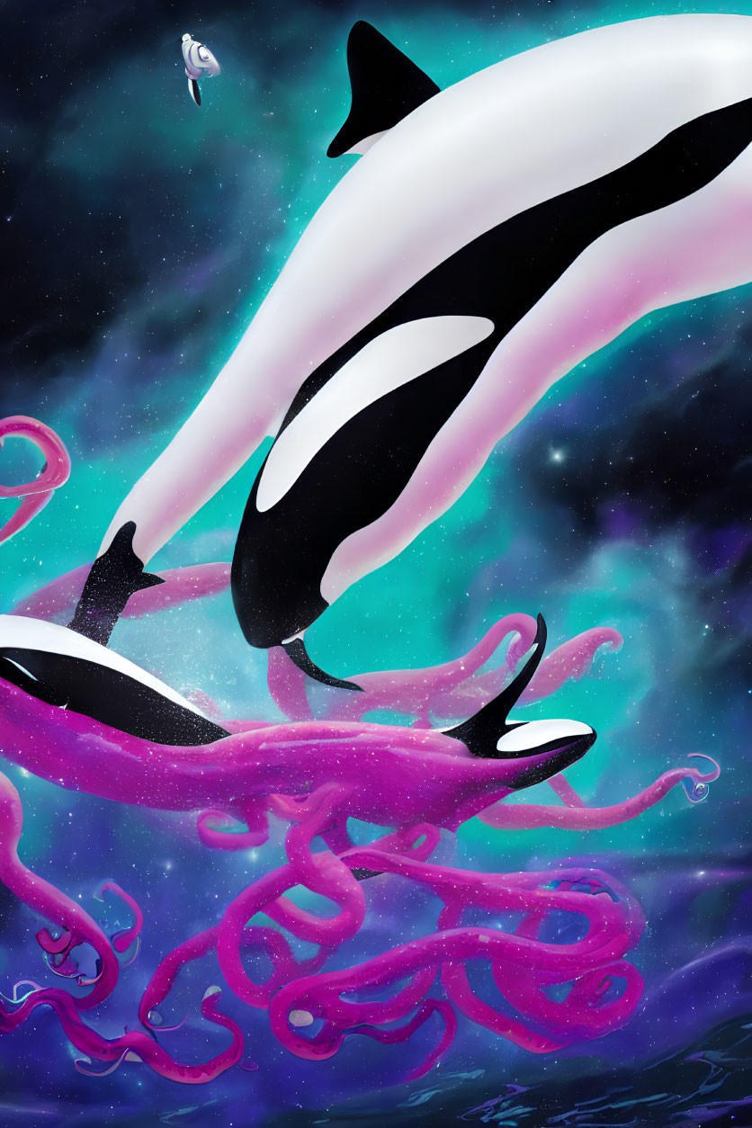 Stylized orca leaping in cosmic scene with pink nebulae and astral jellyfish