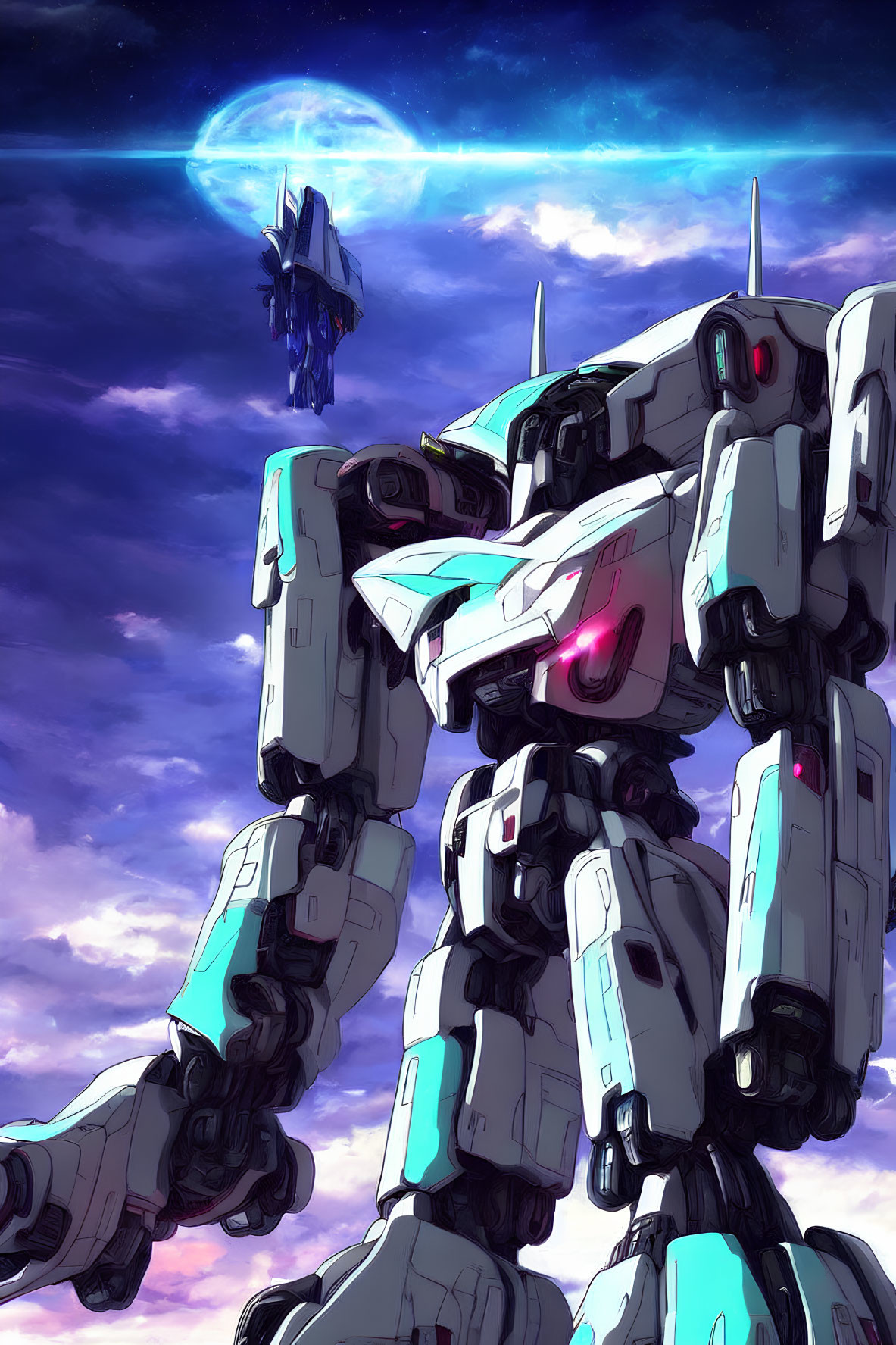 Giant blue and white mecha under purple twilight sky with futuristic space station