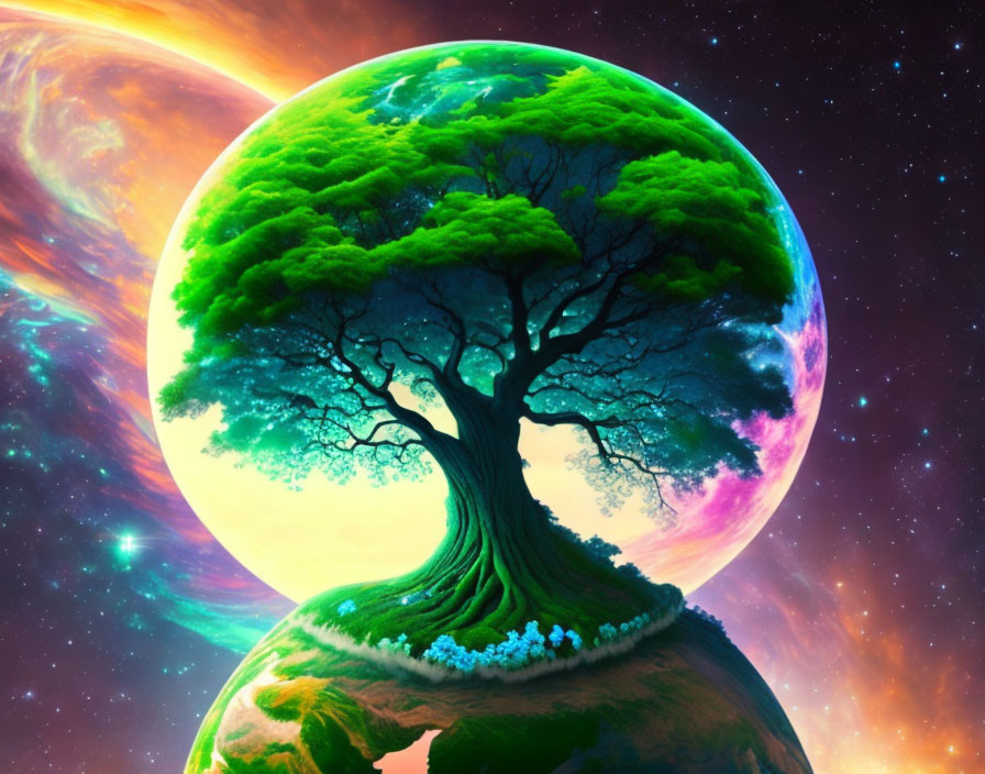 Digital art: Colossal tree on small planet with cosmic backdrop