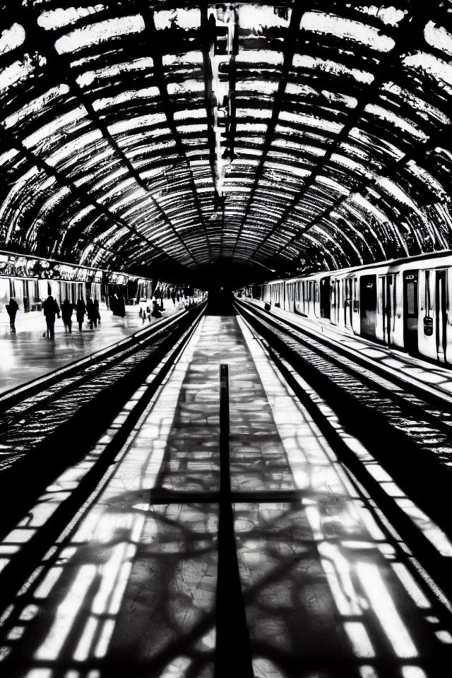 Monochrome photo of bustling metro station with curved roof and trains.