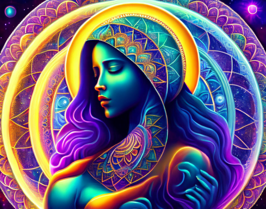 Colorful profile portrait of a woman with radiant halo and cosmic mandalas