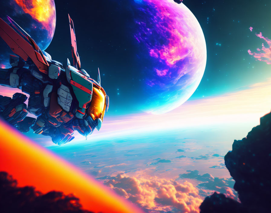 Futuristic mech suit flying in alien sky with vibrant planets