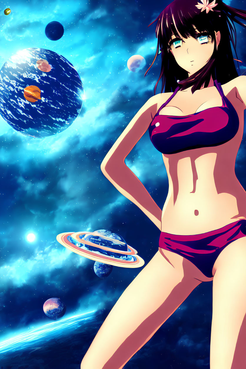 Black-haired anime girl with flower in cosmic setting.