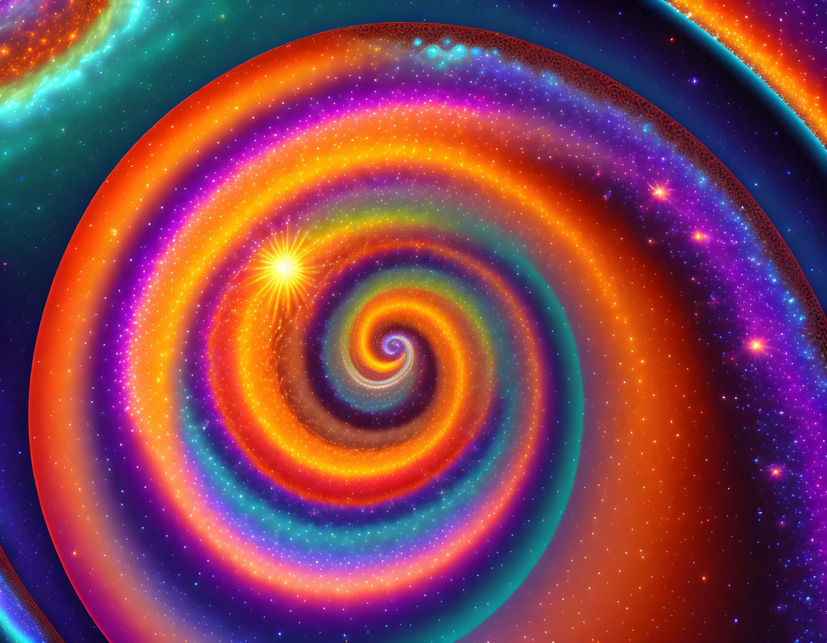 Colorful swirling galaxy digital art with bright starburst