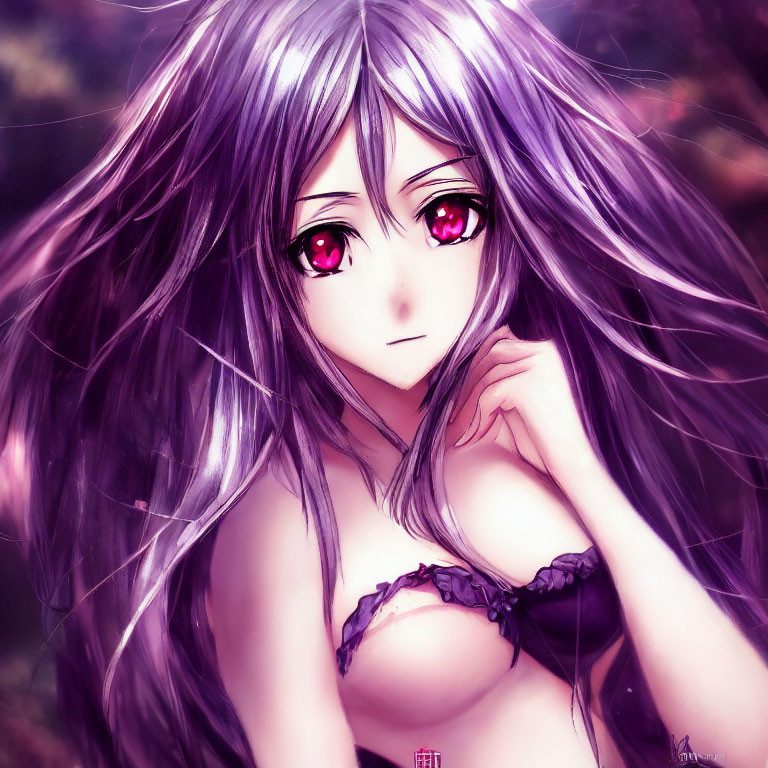 Purple-haired anime girl with red eyes in contemplative pose on pinkish backdrop