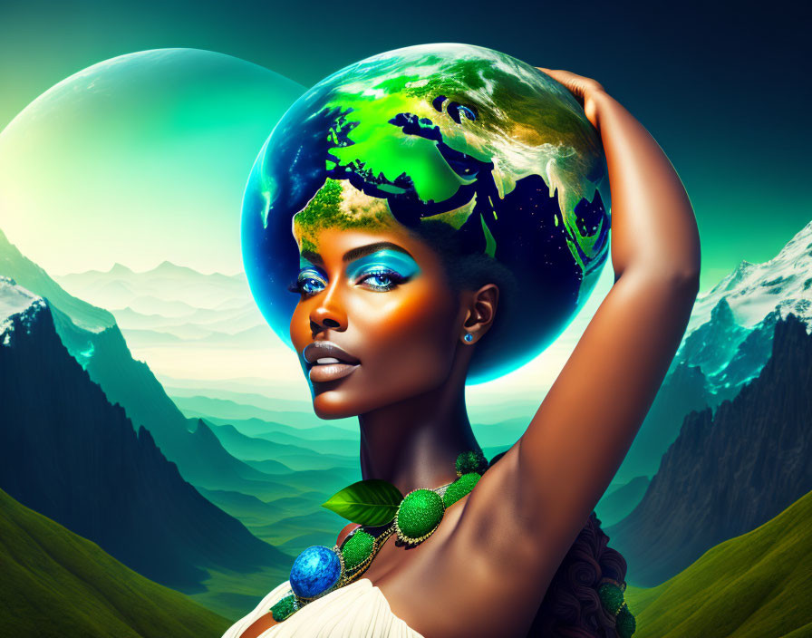 Vibrant makeup woman holding Earth in fantastical artwork