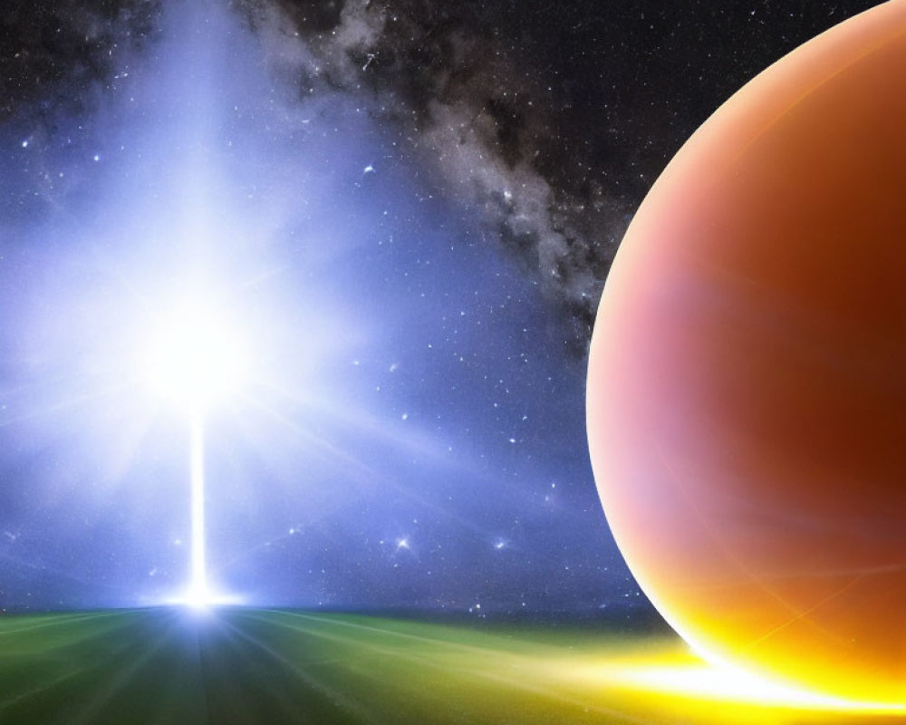 Bright starburst, orange planet, starry sky in cosmic digital space illustration