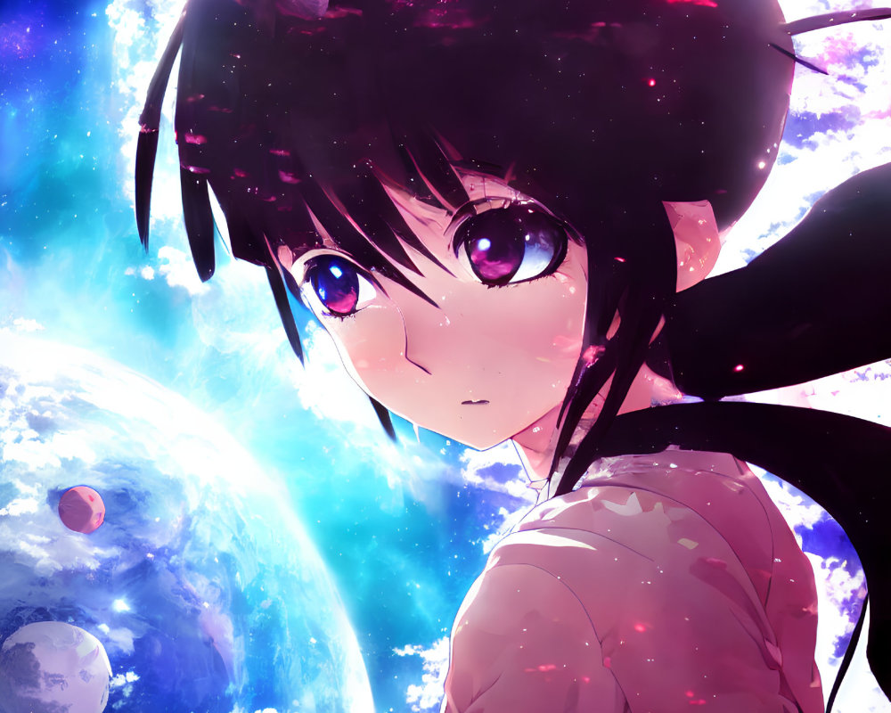 Anime-style girl with large eyes and long black hair against cosmic backdrop