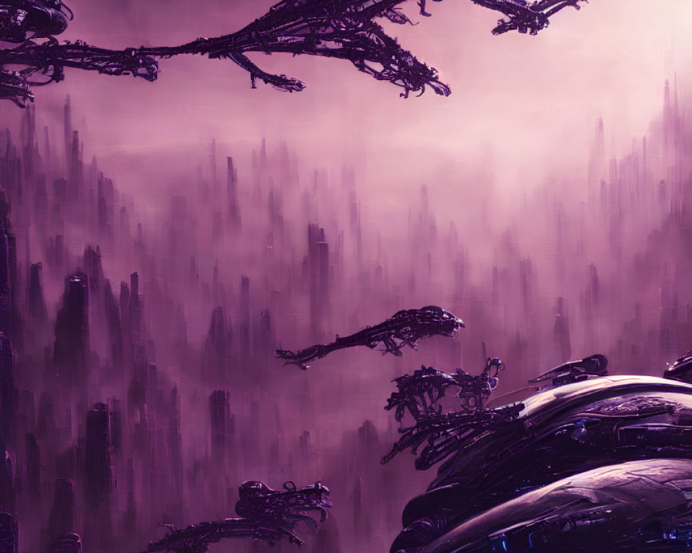 Purple-hued futuristic artwork with floating ships and large structure.