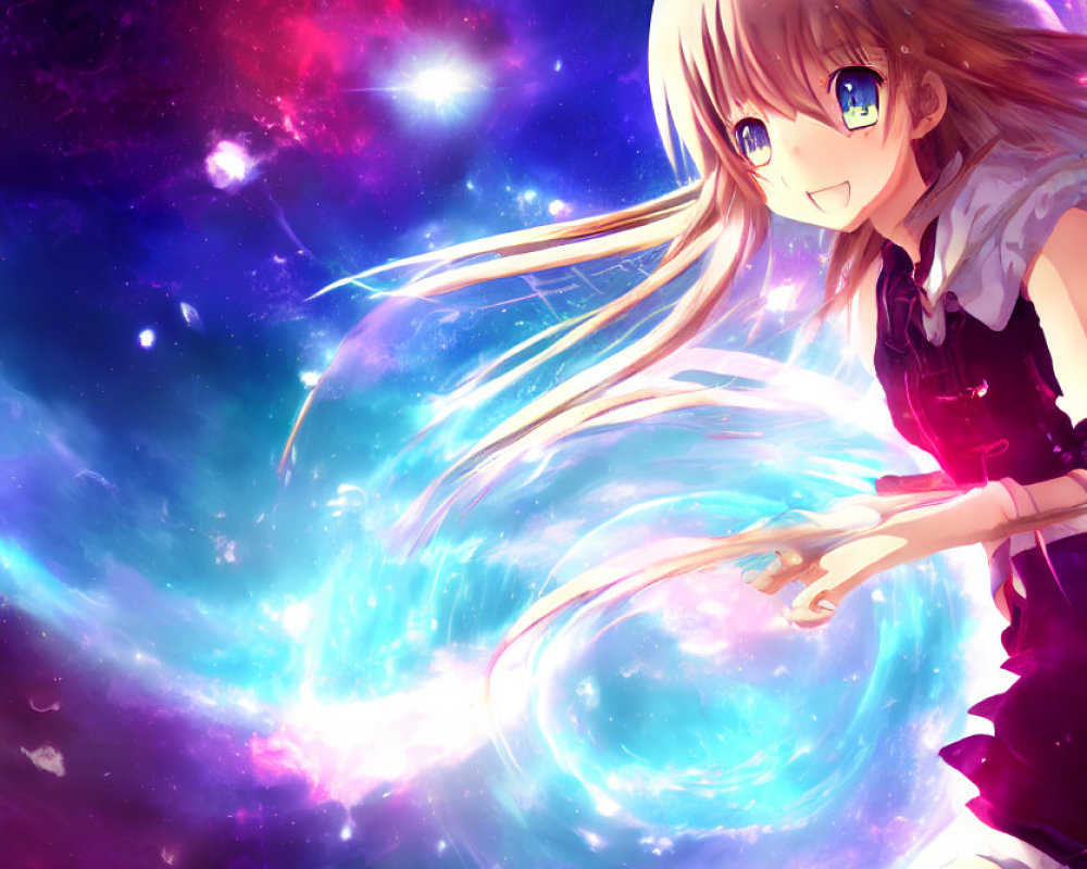 Blonde Anime Girl Smiling in Cosmic Galaxy Scene