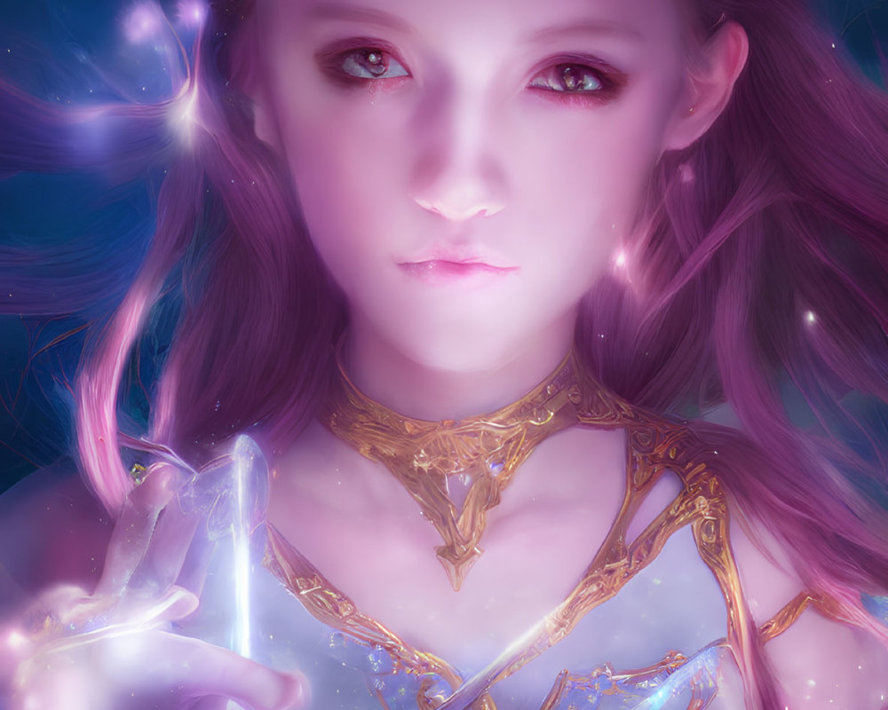 Fantasy digital artwork of female figure with pink hair and celestial attire