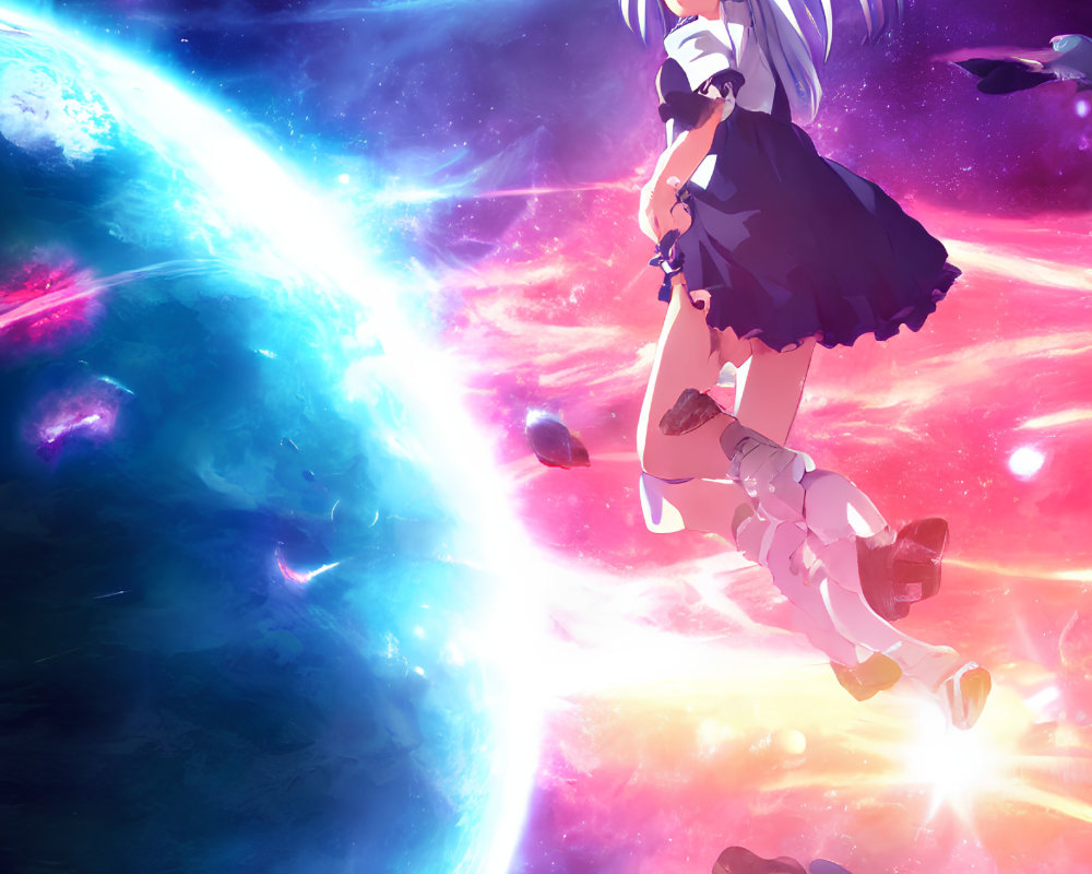 Silver-haired anime-style girl floating in space with vibrant planets and stars.