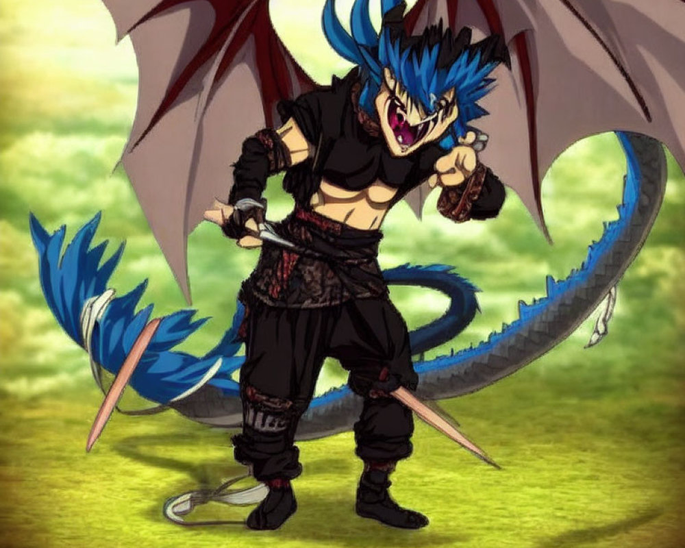 Blue-haired animated character with dragon wings and tail, in black attire, brandishing a sword.