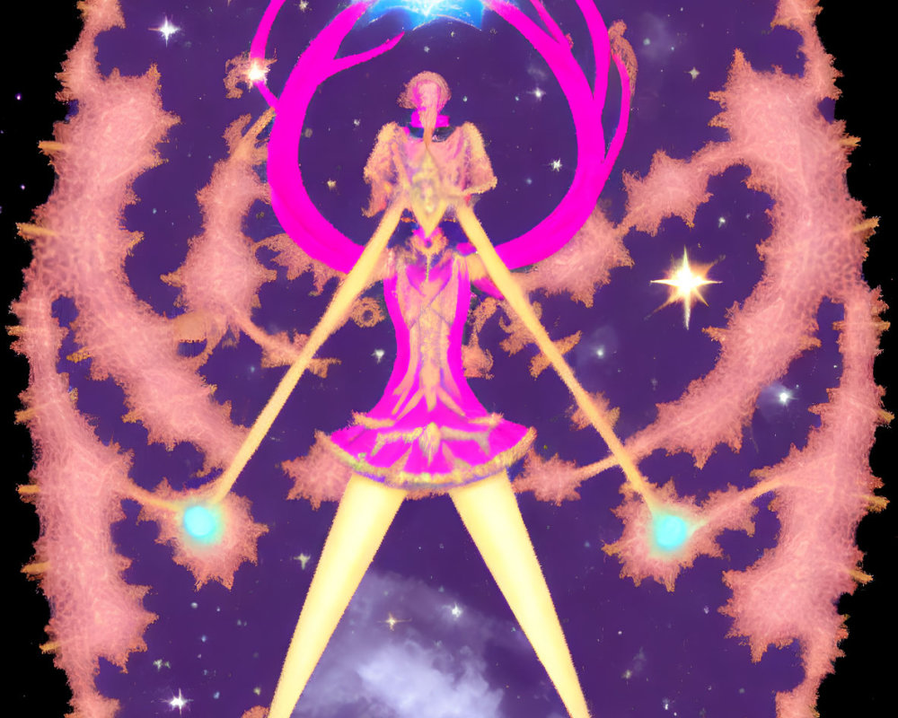 Celestial humanoid in pentagram with cosmic symbols