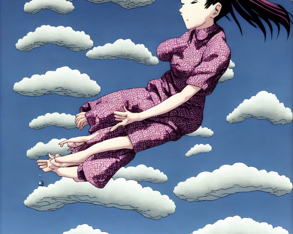 Dark-Haired Girl in Pink Dress Floating Among Clouds