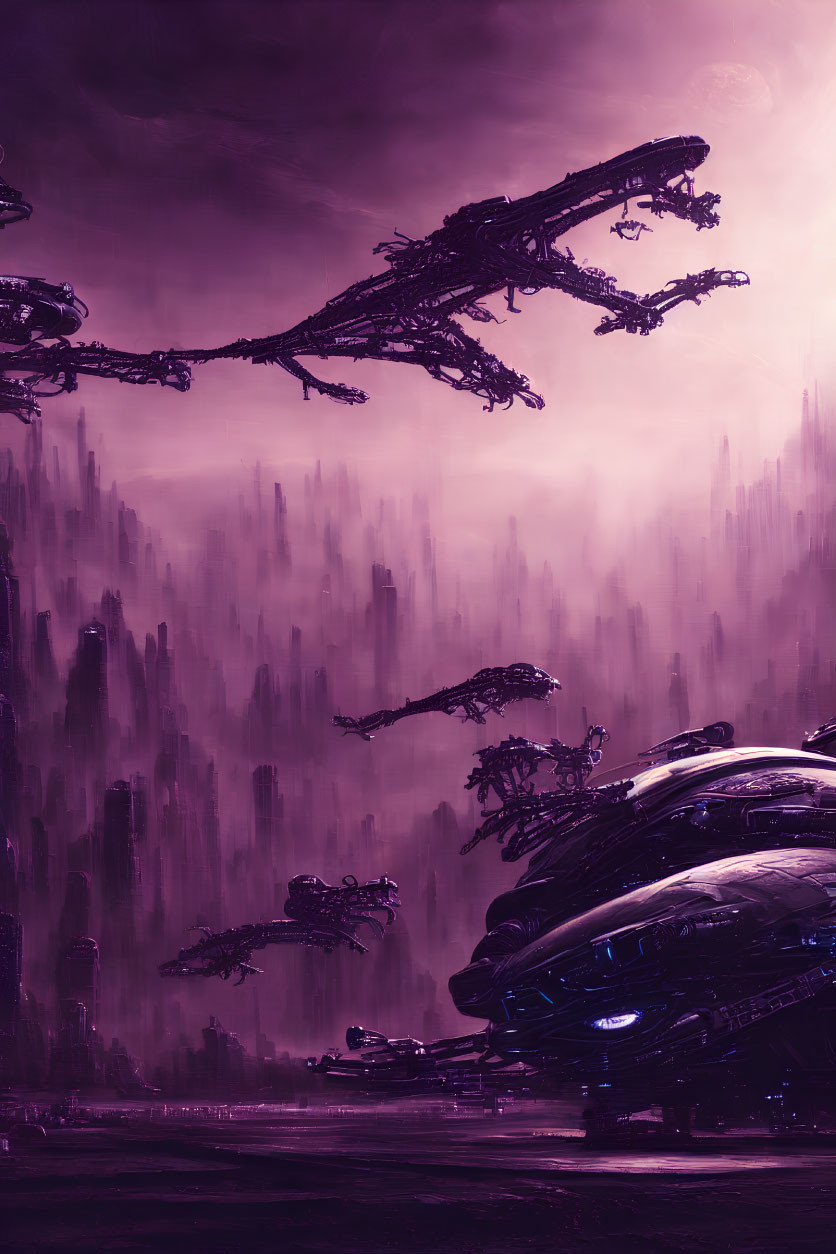 Purple-hued futuristic artwork with floating ships and large structure.