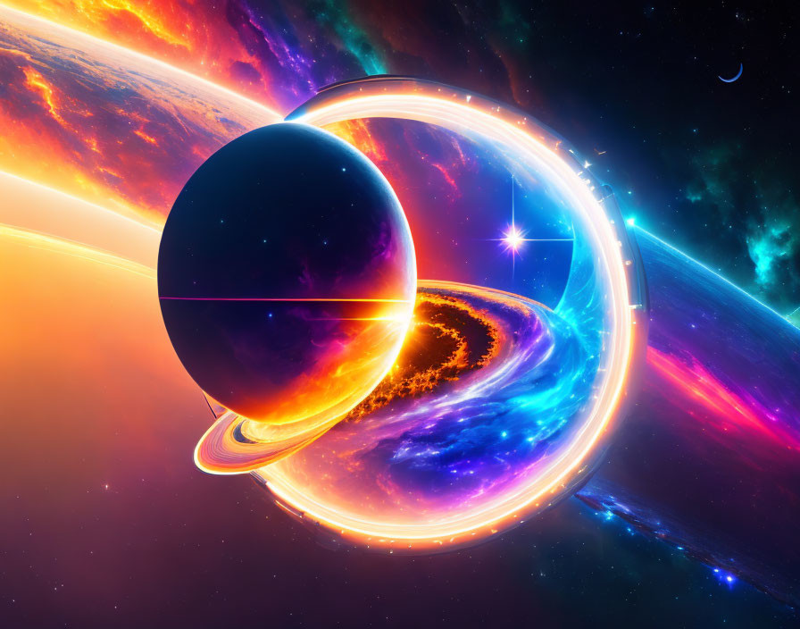 Colorful cosmic scene with aligned planets, glowing rings, nebulae, and stars