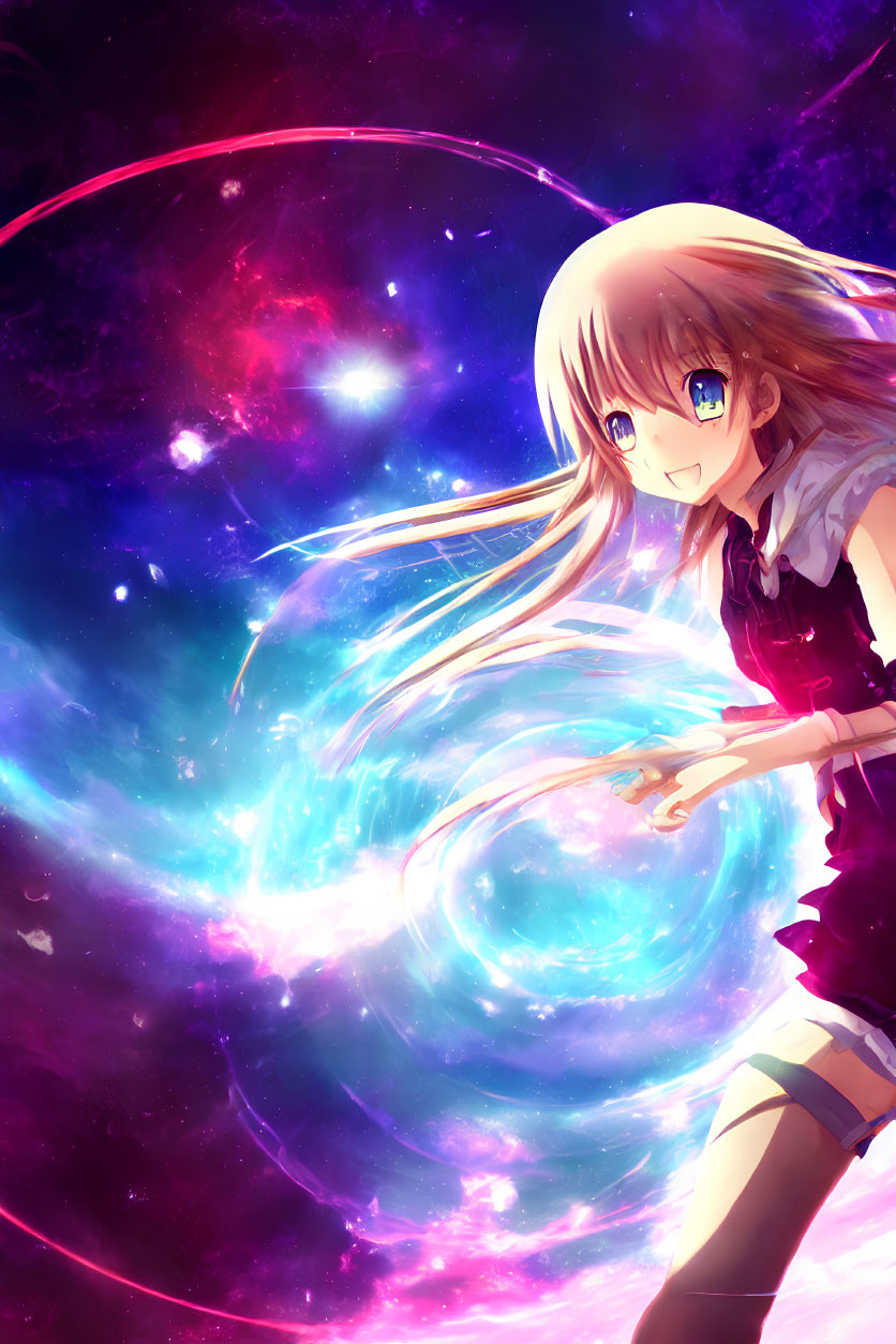 Blonde Anime Girl Smiling in Cosmic Galaxy Scene