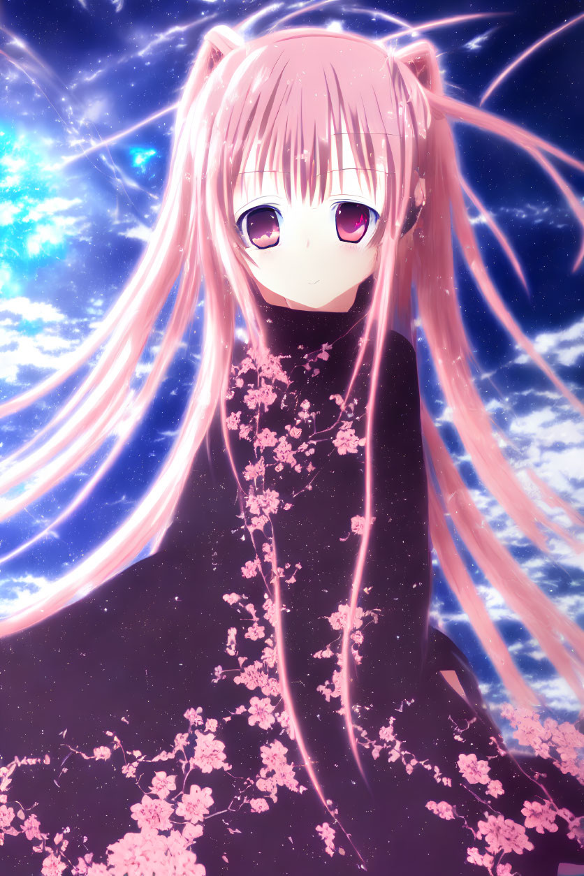 Pink-haired anime girl in black dress with cosmic backdrop