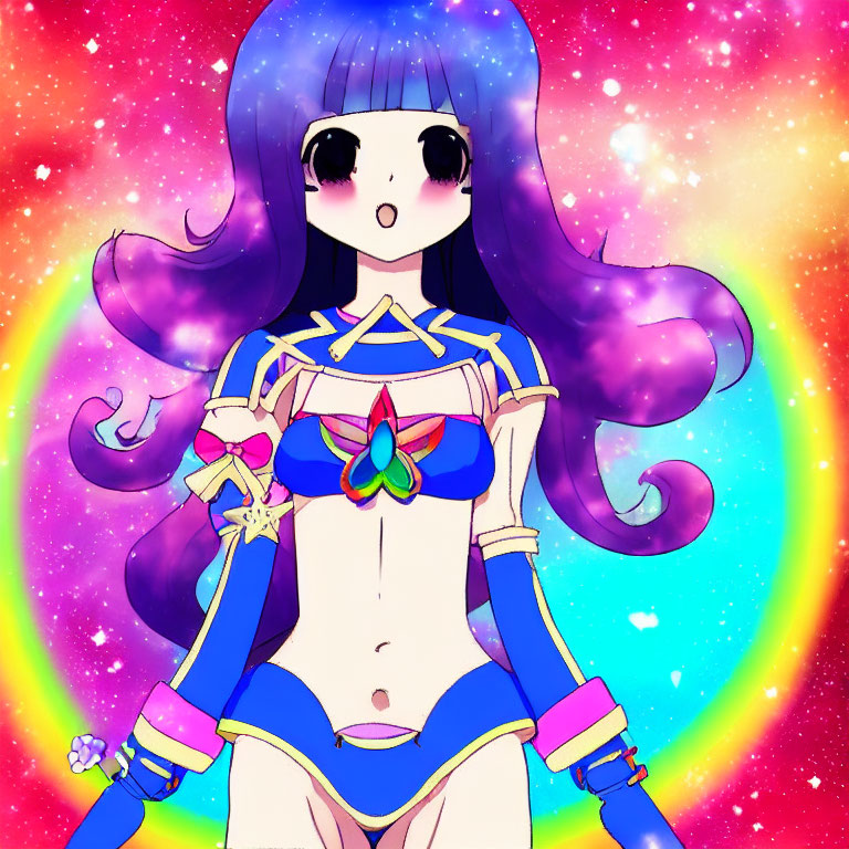 Illustrated character with long purple hair and butterfly outfit in cosmic setting