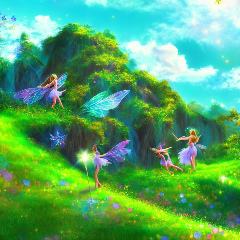 Fantasy landscape with glowing waterfalls and fairies in pastel dresses