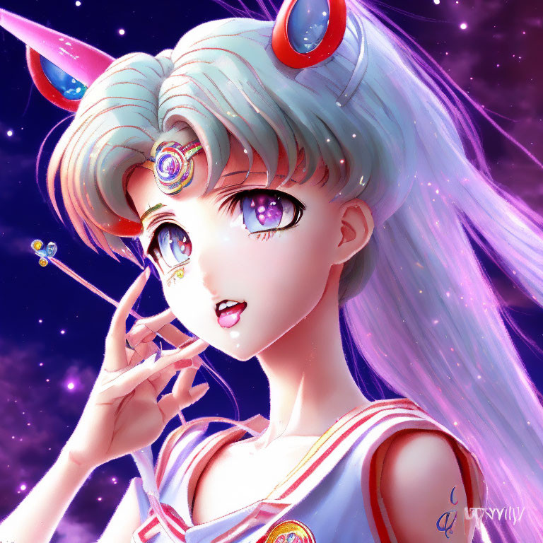 Anime character with green hair and red horns in sailor outfit on starry backdrop