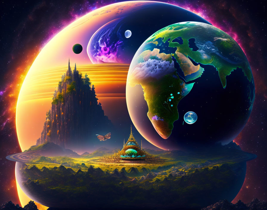 Fantastical planets with diverse ecosystems in vibrant digital artwork