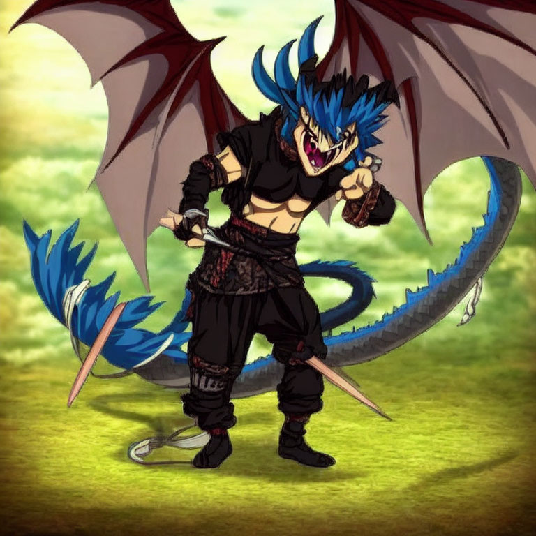 Blue-haired animated character with dragon wings and tail, in black attire, brandishing a sword.