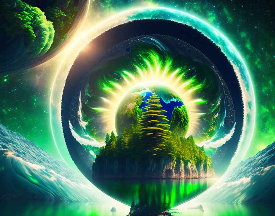 Surreal digital artwork: vibrant looping landscape with celestial bodies, green forests, water, and glowing