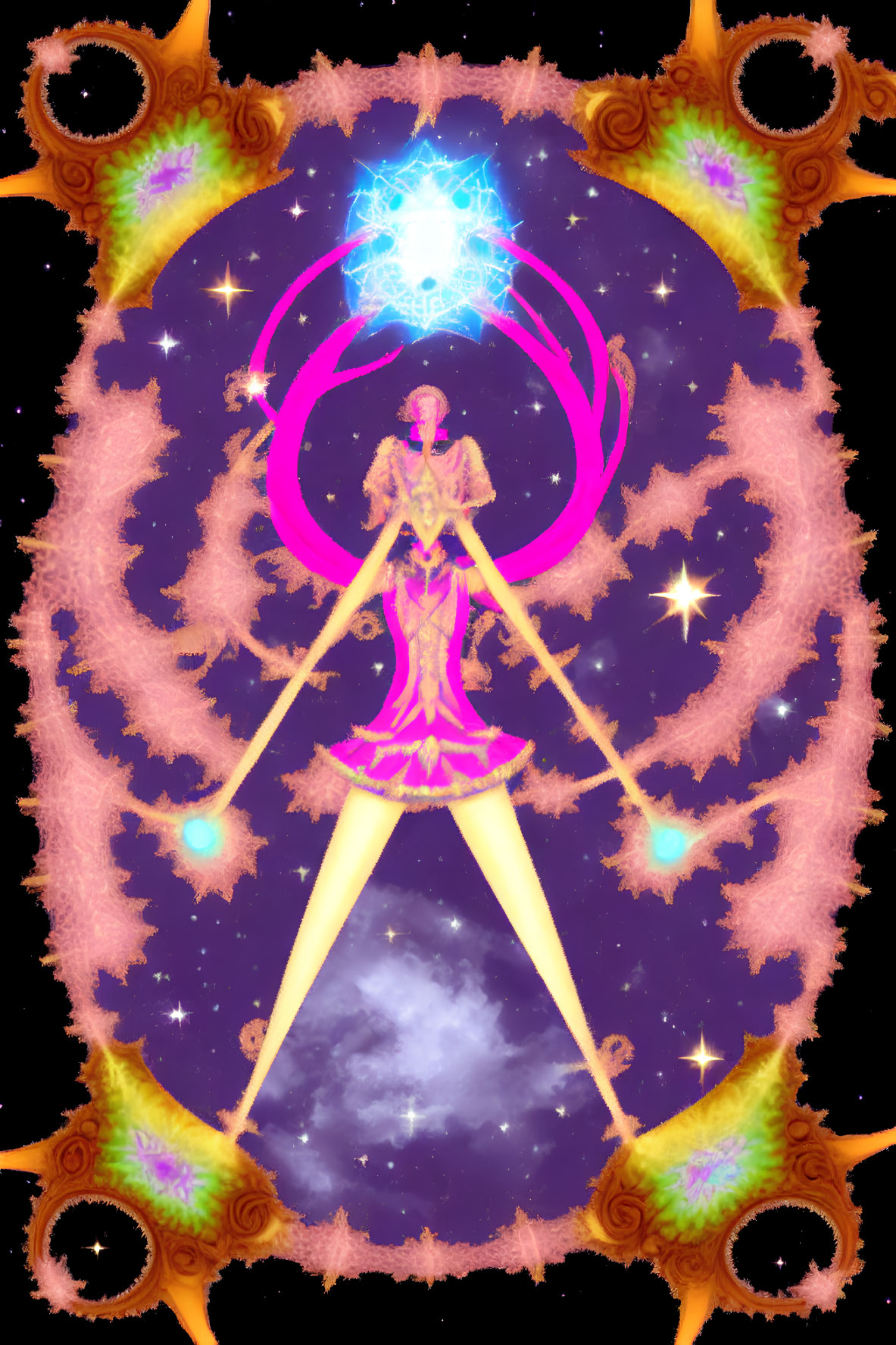 Celestial humanoid in pentagram with cosmic symbols