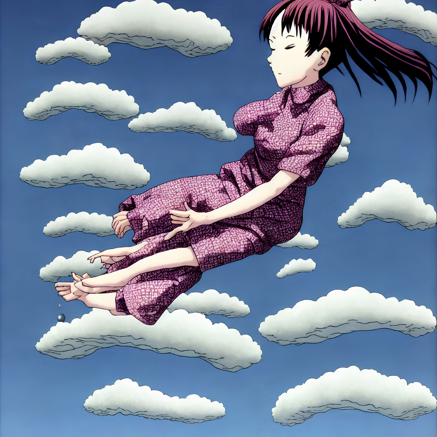 Dark-Haired Girl in Pink Dress Floating Among Clouds