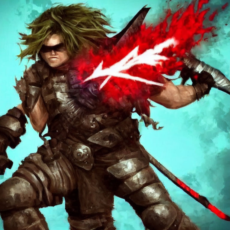 Warrior with Green Spiked Hair and Glowing Red Sword in Dark Armor