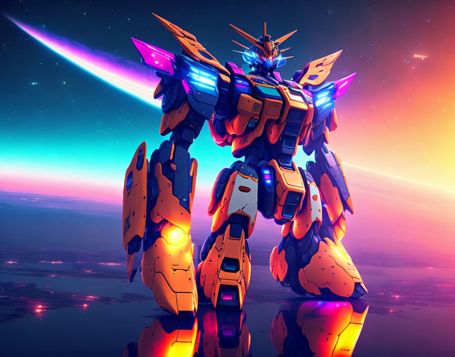 Detailed Mecha Robot Illustration Against Sunset Sky with Neon Aurora