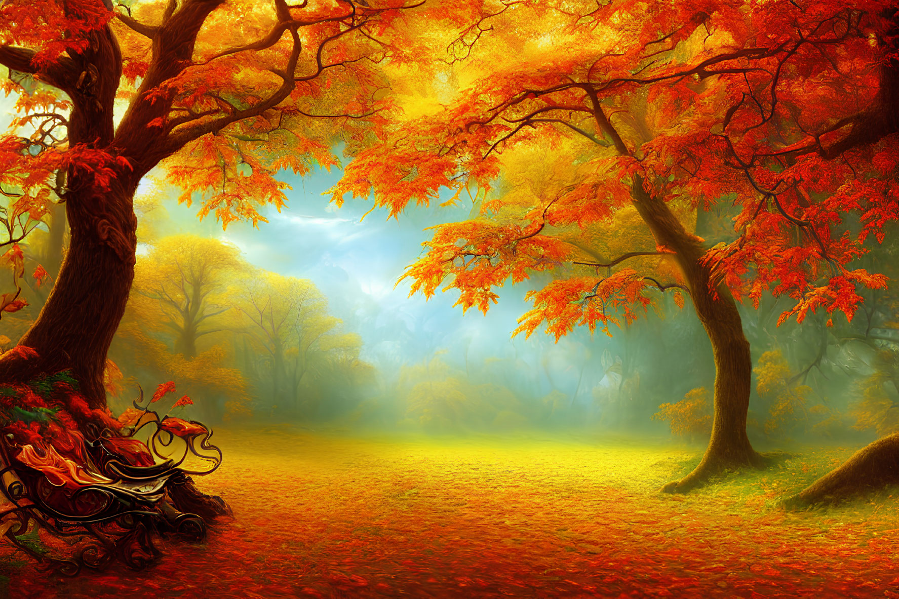 Autumn Forest Scene: Golden and Red Foliage, Bench, Mist