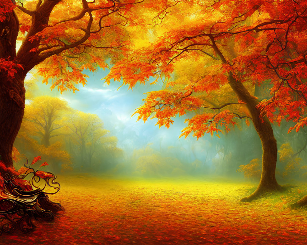 Autumn Forest Scene: Golden and Red Foliage, Bench, Mist