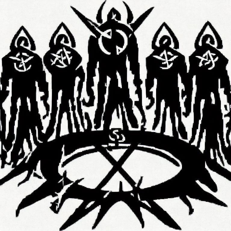 Monochrome image of hooded figures around star emblem