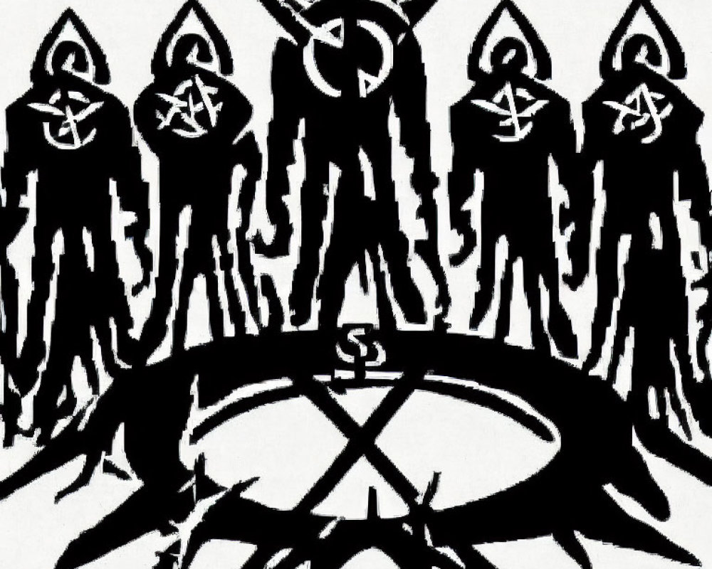 Monochrome image of hooded figures around star emblem