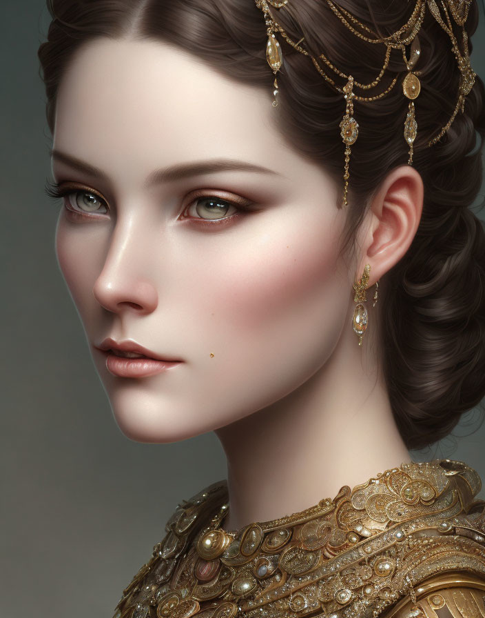 Detailed Digital Portrait of Woman with Golden Jewelry & Styled Hair